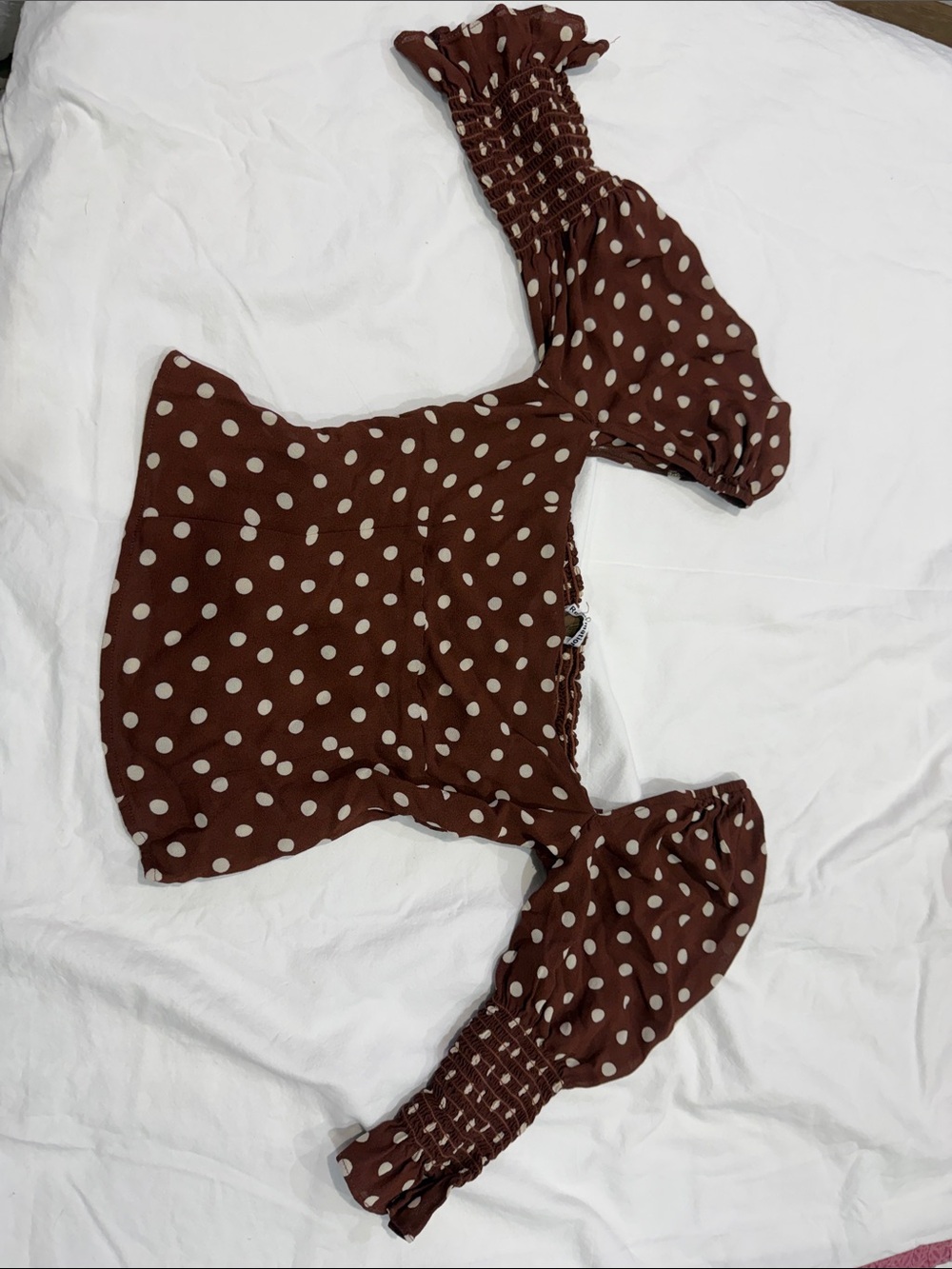Reformation Brown Polka Dot One-Shoulder Puff Crop Top